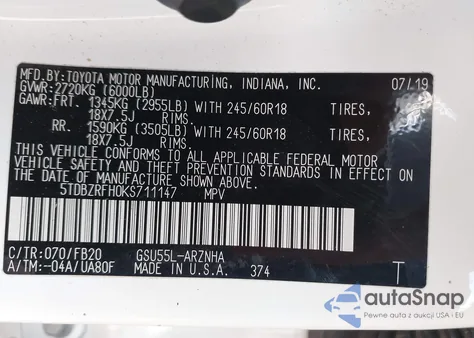 2019 Toyota Highlander Le z USA, uszkodzony, nr VIN 5TDBZRFH0KS711147